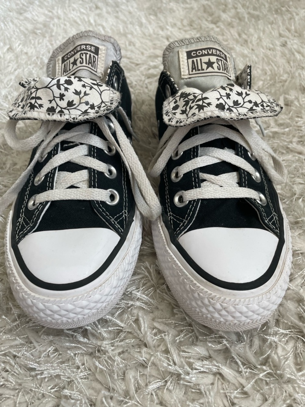 Converse Chuck Taylor All Star Low Top Sneakers Double Tongue Floral Black White - Picture 2 of 14